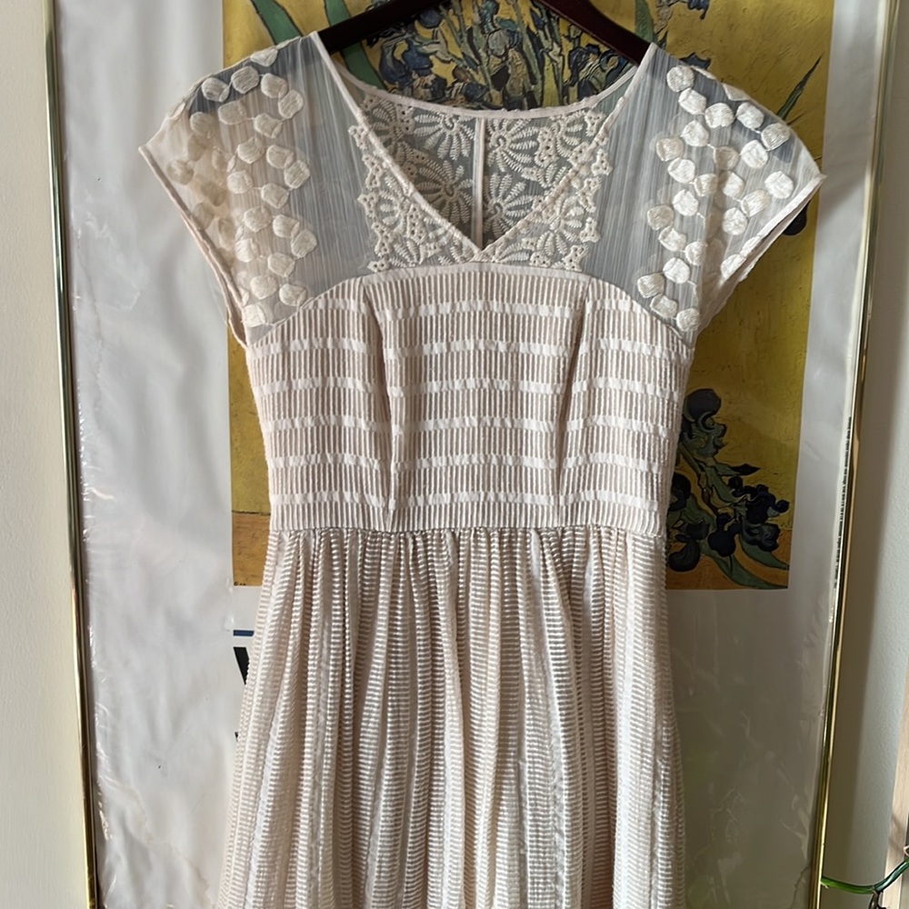 Anthropologie Cream Lace & Pleated Midi Dress